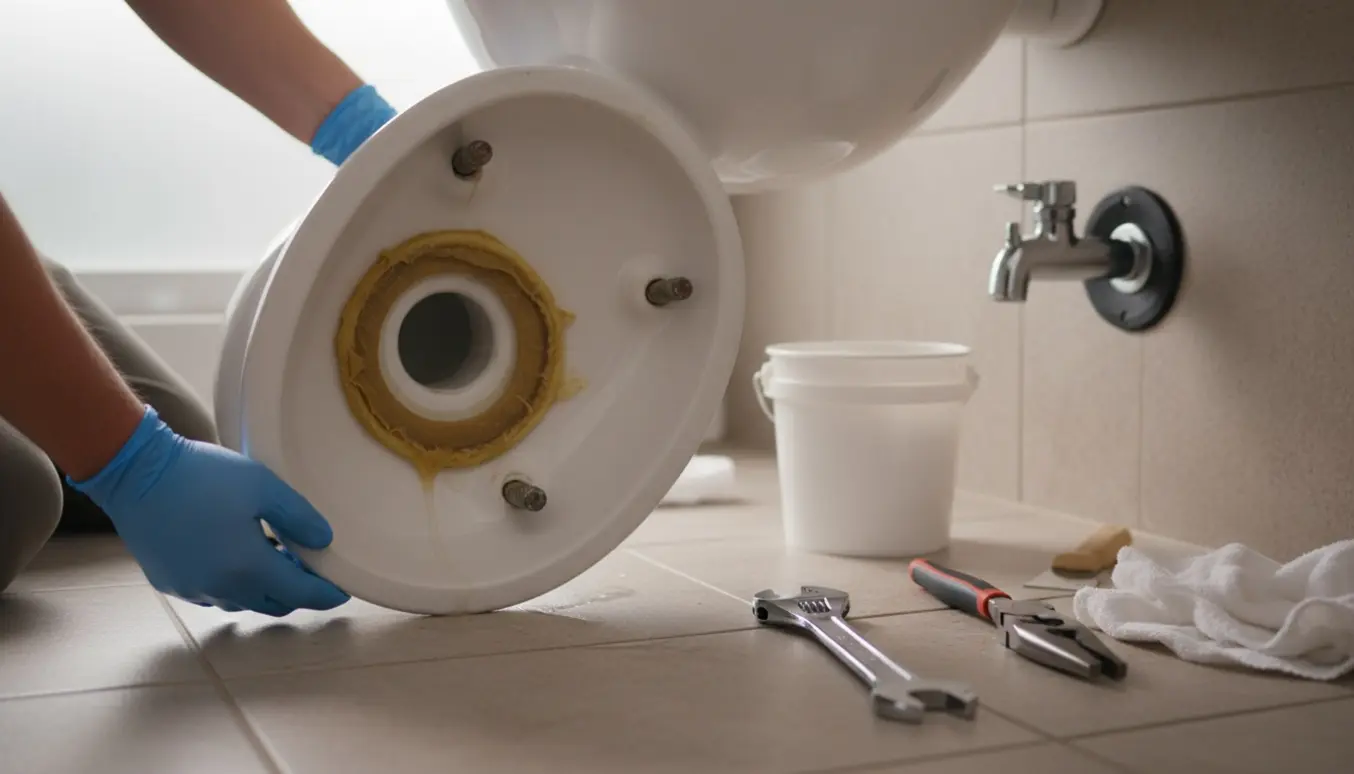 Håndværker fjerner et toilet i et badeværelse, kun hænder og værktøj er synlige.