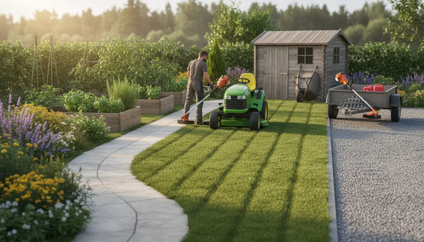 Havetraktor og buskrydder slår græsset i en have med køkkenhave.