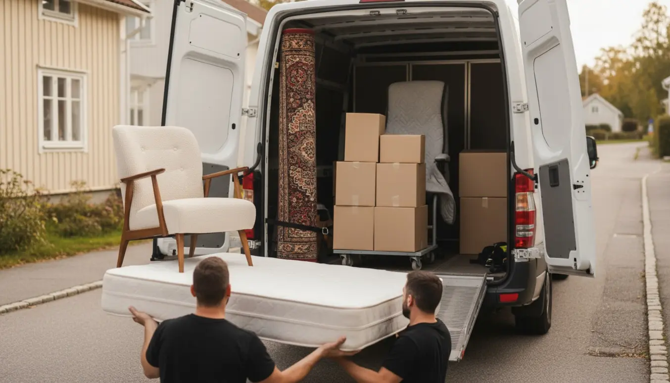 To flyttemedarbejdere læsser en seng og en lænestol ind i en flyttevogn med gulvtæppe, kontorstol og flyttekasser i baggrunden.