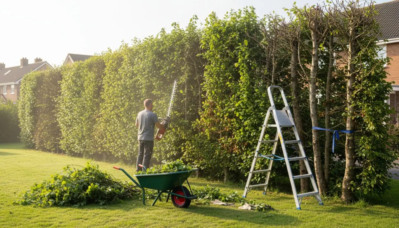 Lang bøgehæk under beskæring med nyklippet sektion, trimmer og bunke af klip på græsset.