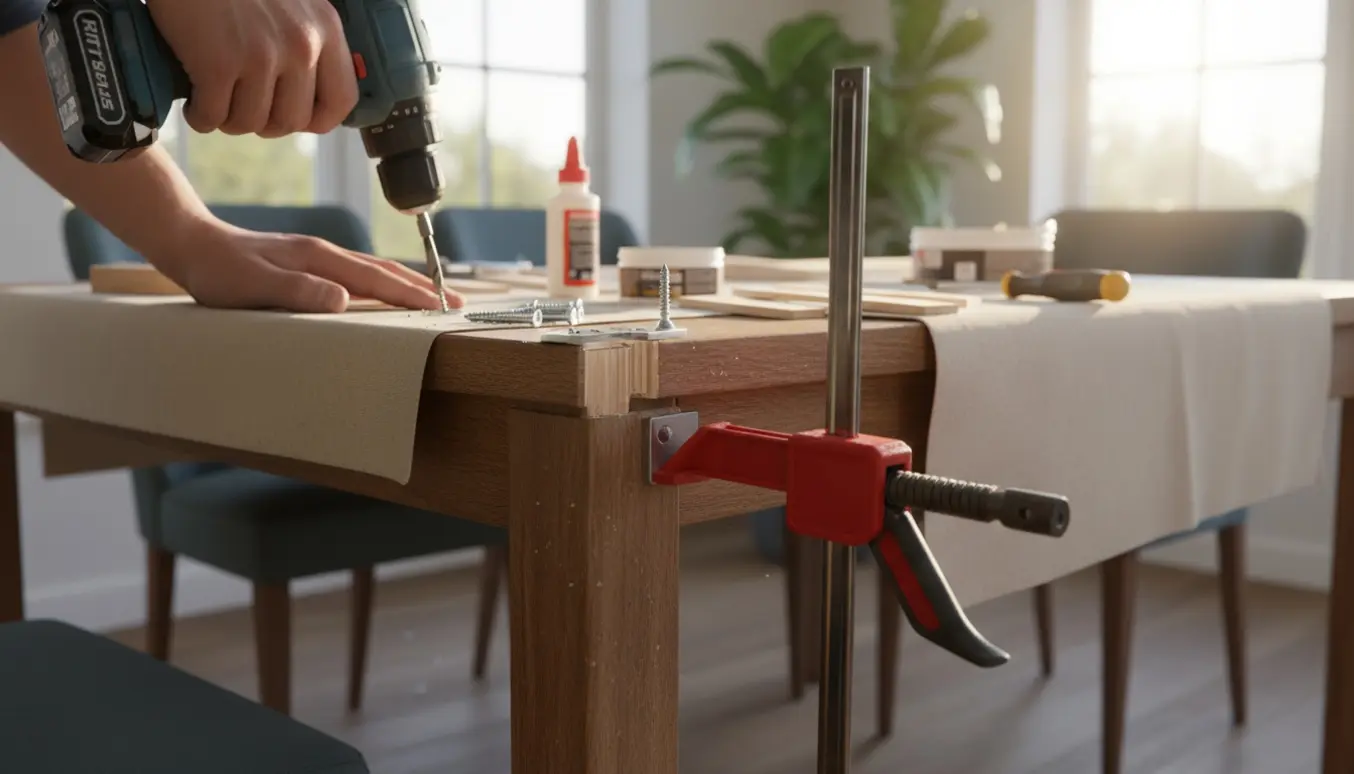 Nærbillede af hænder, der stabiliserer og fastgør et løst bordben med klemme og vinkelbeslag i et lyst køkken.
