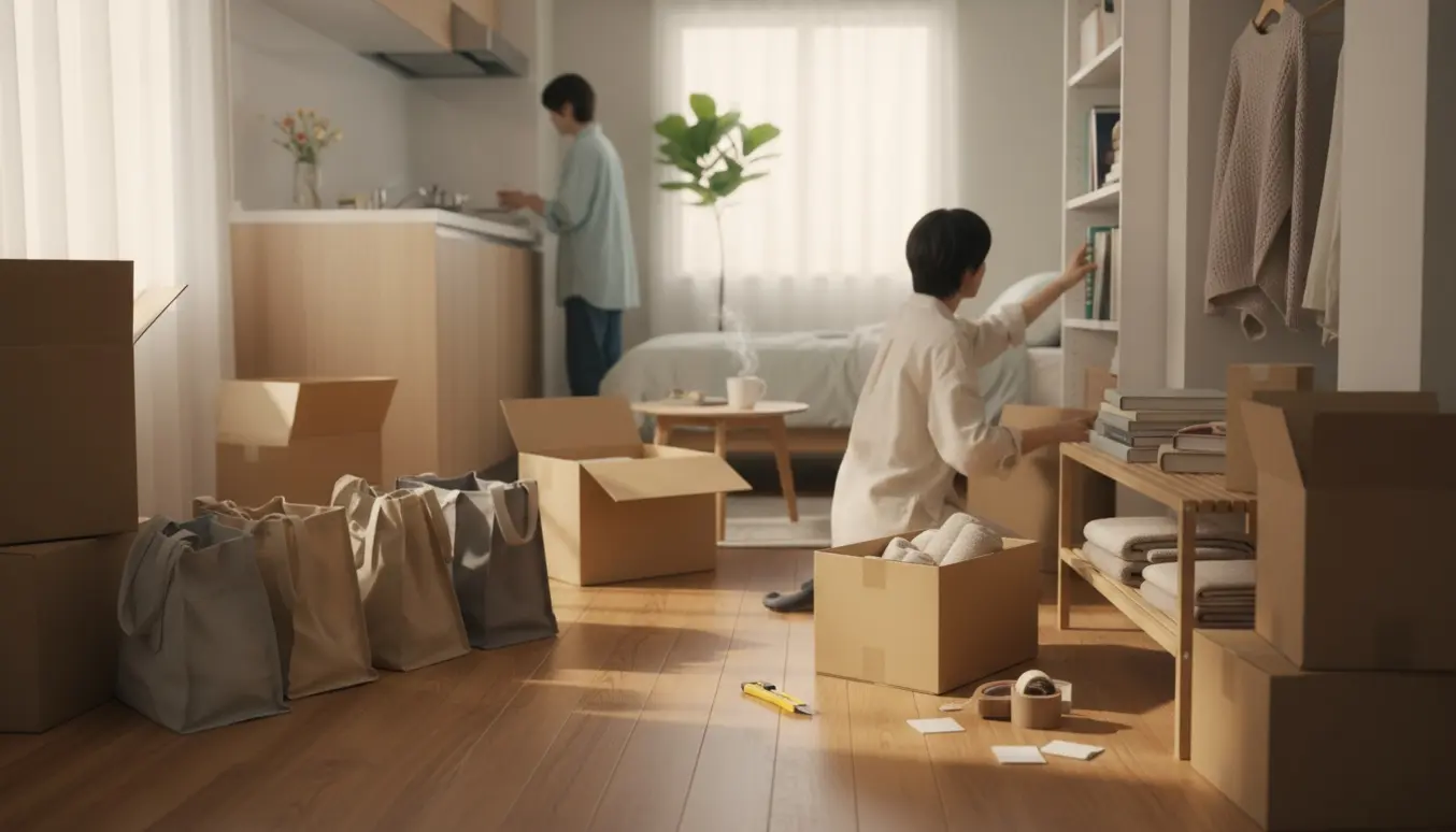 En person set bagfra pakker flyttekasser ud i en lys, kompakt lejlighed og organiserer ting på hylder og i skabe.