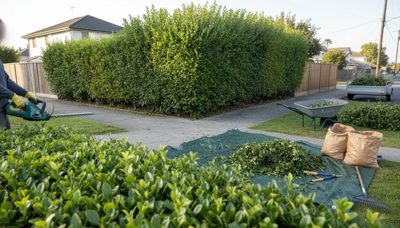 Delvist klippet ligusterhæk ved en hjørneejendom, med afklip samlet på en presenning og i trailer klar til bortkørsel.