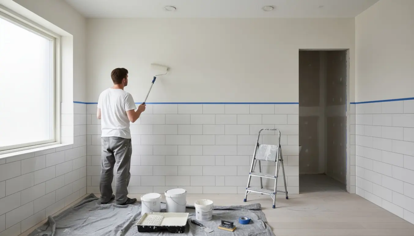 Badeværelse under renovering, maler ruller glans 20 maling fra flisekant til loft med værktøj og materialer ved siden af.