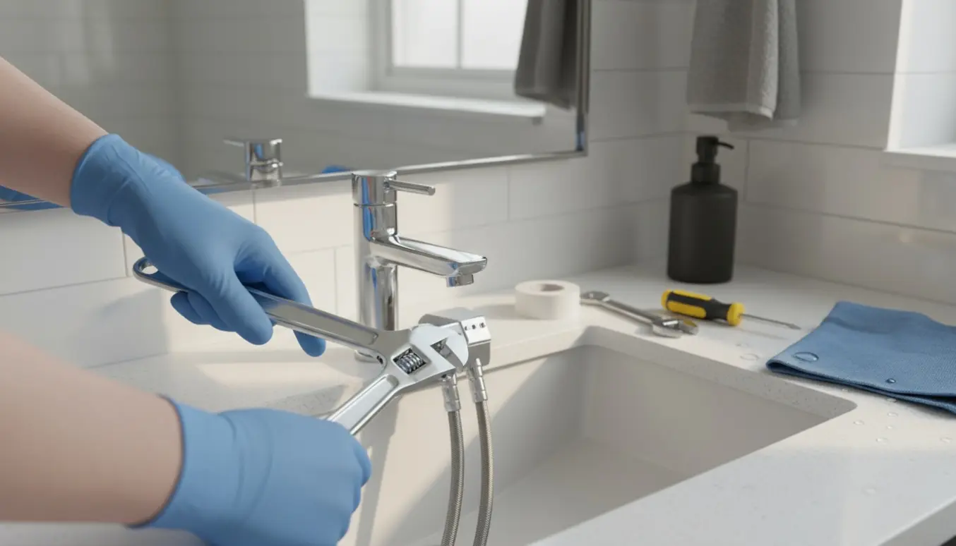 Nærbillede af hænder, der monterer en ny kromvandhane i et hvidt badeværelsesvask.