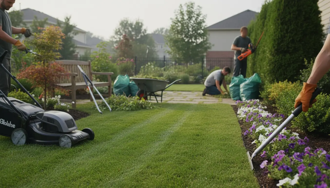 Have i blød morgensol med græsslåning, kantrimning, beskæring, ukrudtsrensning og opsamling af grønt affald.
