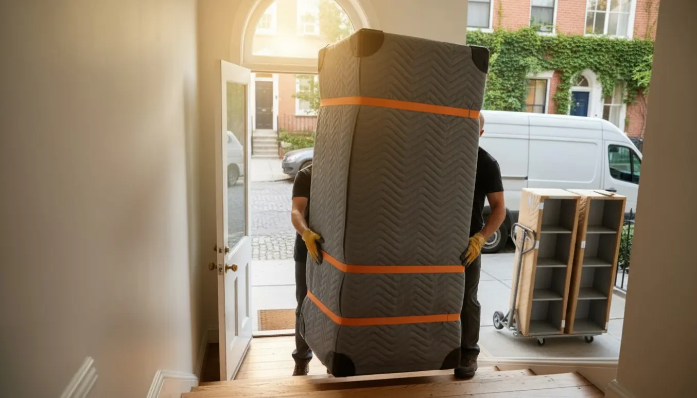 Flytning af indpakkede skabe og reoler i en opgang med åben flyttebil udenfor i blødt aftenslys.
