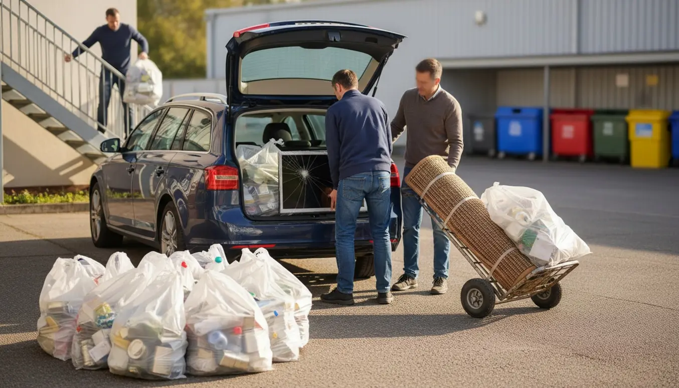 Åben bil i indkørsel hvor to personer læsser gennemsigtige sække, et sammenrullet tæppe og en ødelagt fladskærm til genbrugspladsen.