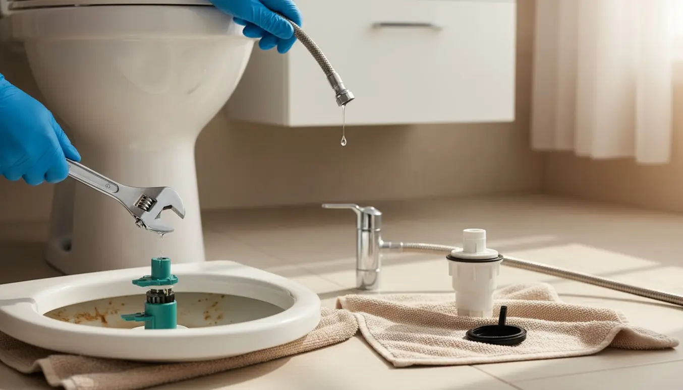 Åben toiletcistern med lavt vandniveau og værktøj på gulvet mens en hånd arbejder på vandtilførslen.