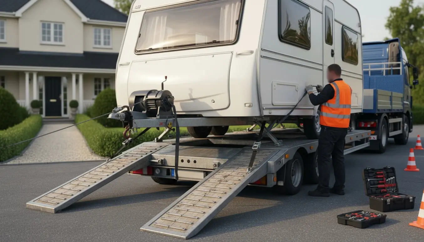 Campingvogn læsses på en lavt ladet transporttrailer i en indkørsel med stropper og arbejdsudstyr synligt.