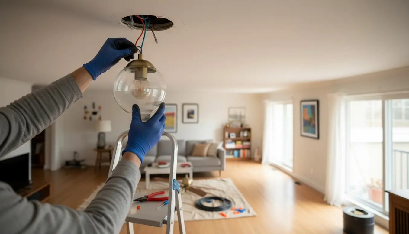 En person på en stige monterer en ny pendel i loftet, med værktøj og ledninger synlige.
