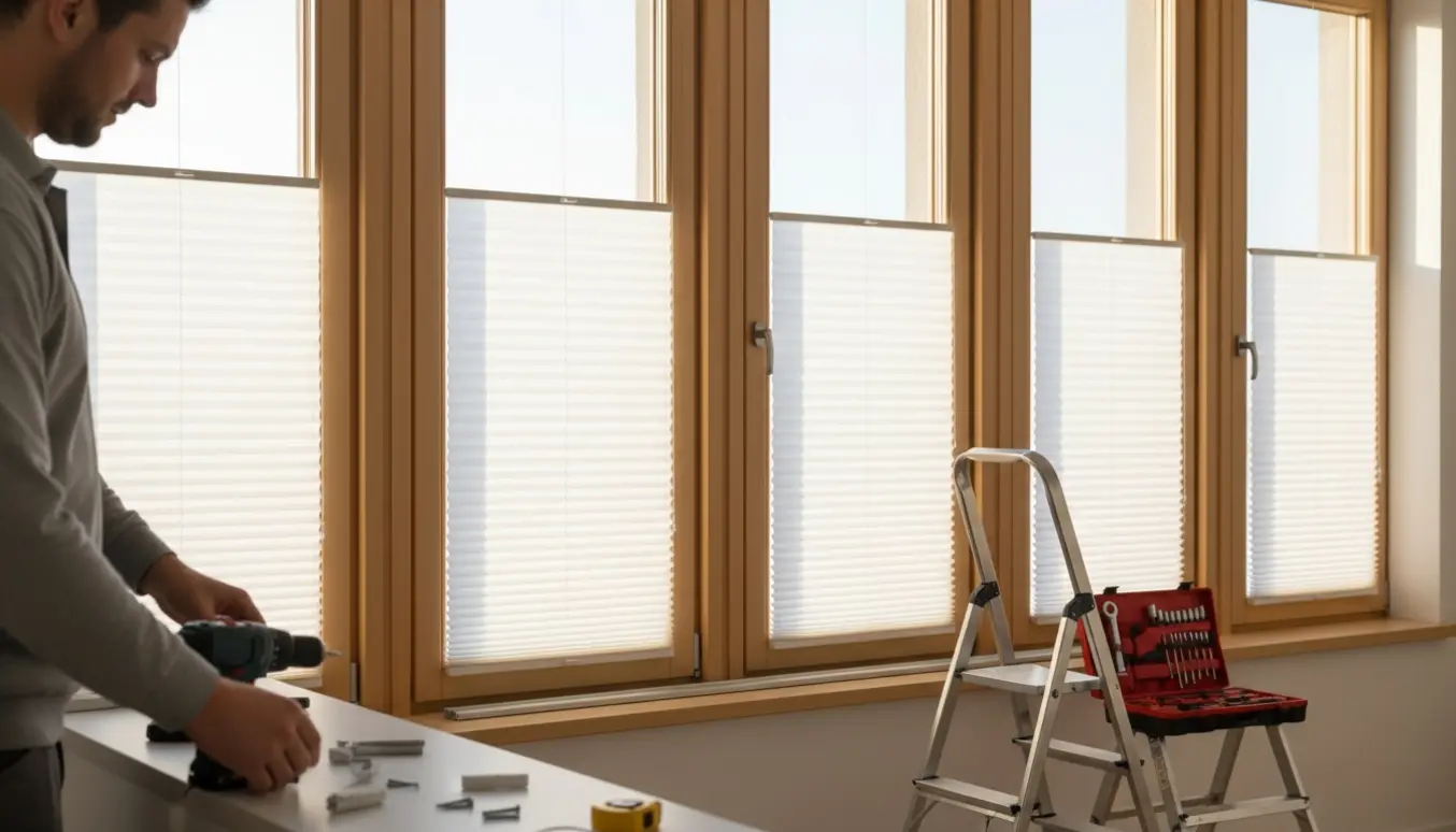 Hænder monterer fem plisségardiner i en lys, moderne stue.