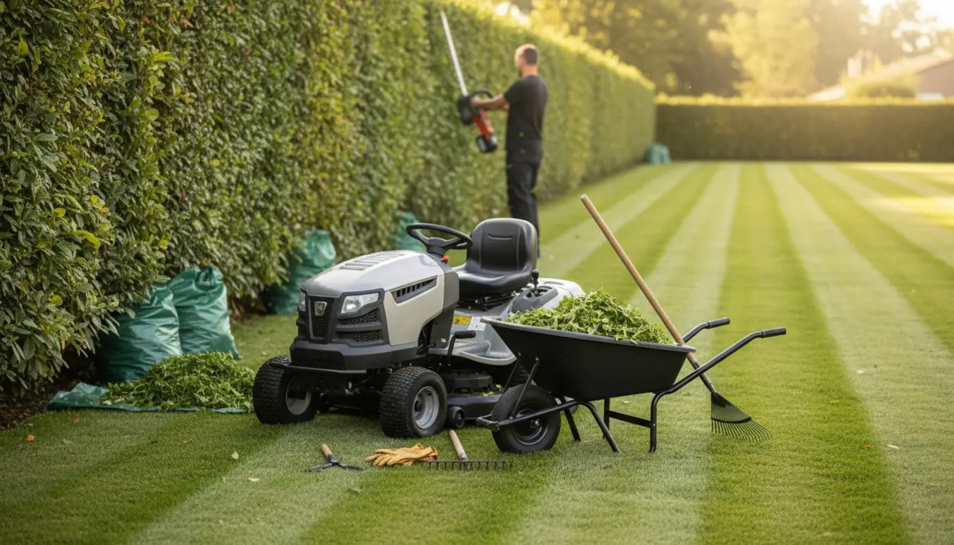 Set bagfra: en havearbejder klipper en lang hæk ved en nyslået græsplæne med trillebør og sække til afklip.