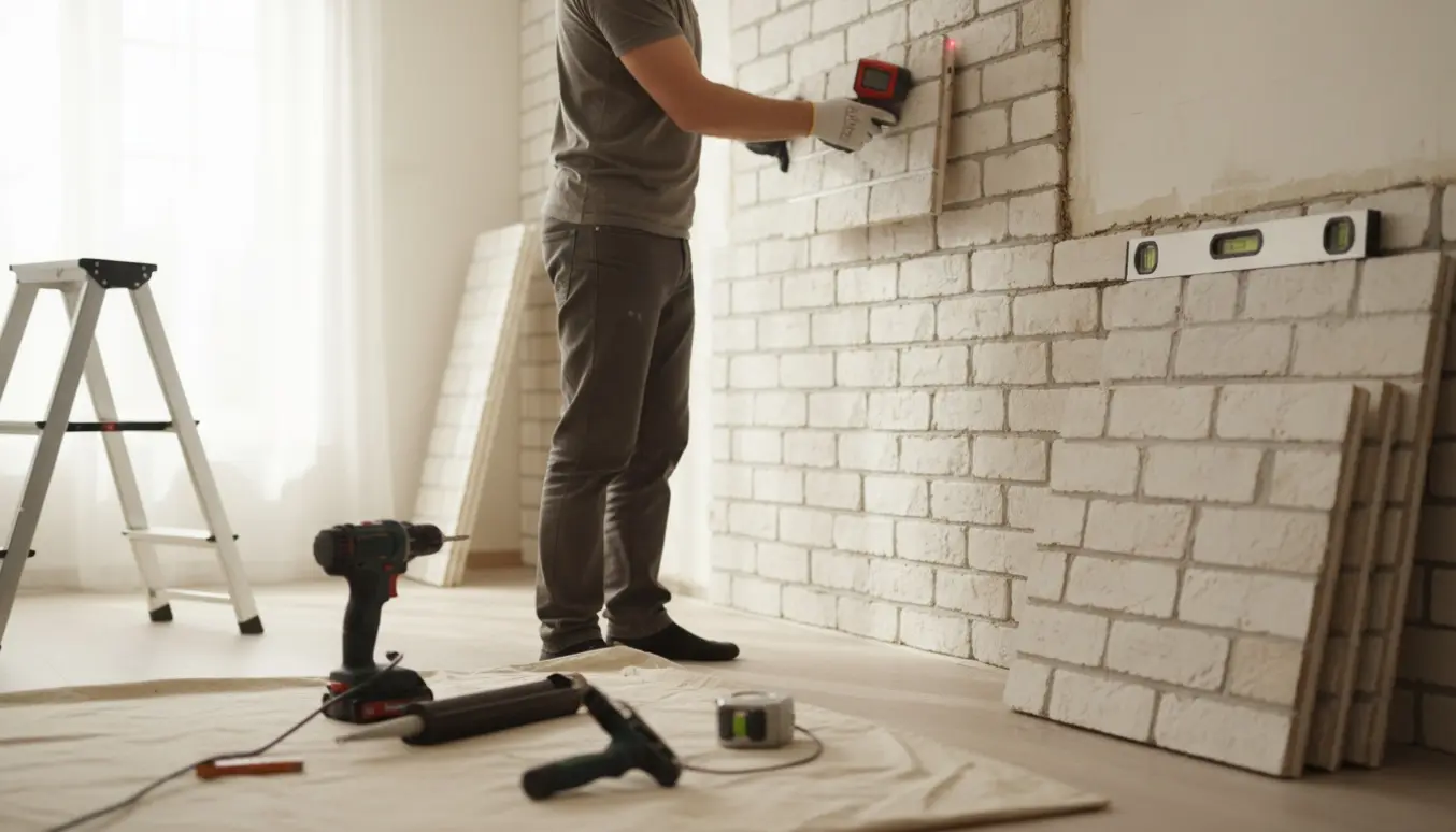 Montage af New Yorker-væg med hænder, murstenspaneler og værktøj i et lyst opholdsrum.