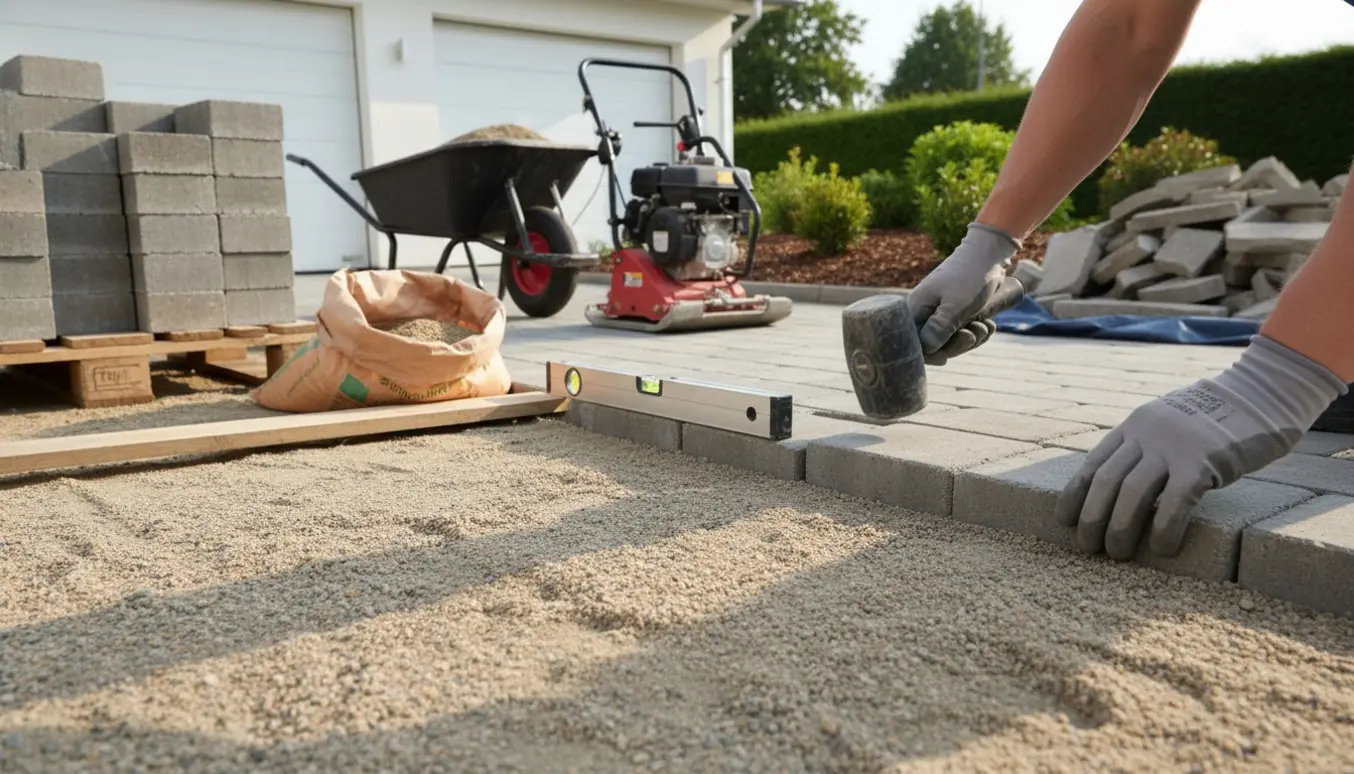 Indkørsel under udlægning med 30x30 fliser, brolæggersand, palle med fliser og værktøj.