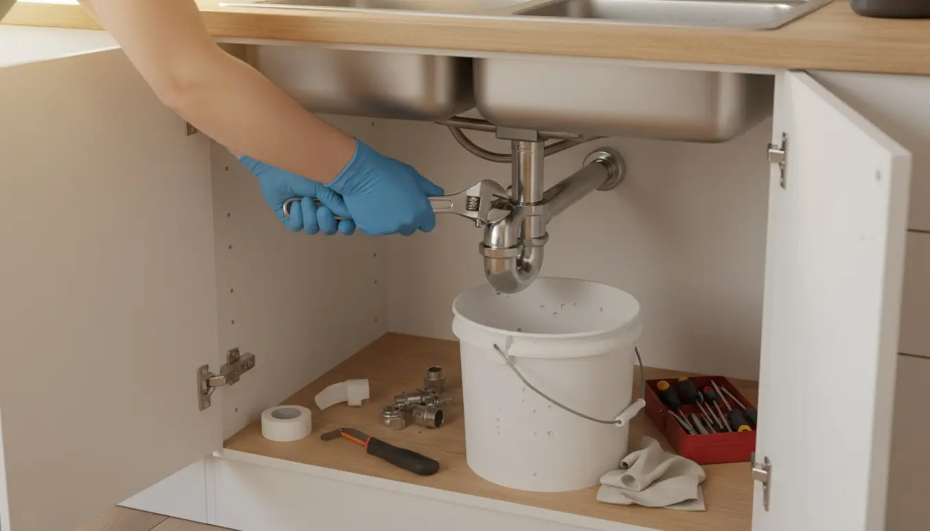 Nærbillede af hænder, der tilslutter et nyt afløbsrør under en køkkenvask med værktøj og en spand.