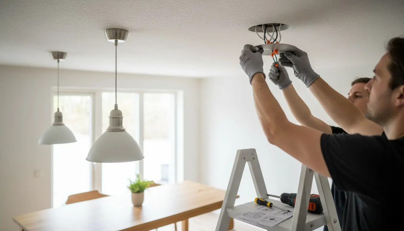 Hænder monterer to Ikea-loftlamper i et lyst, skandinavisk rum.