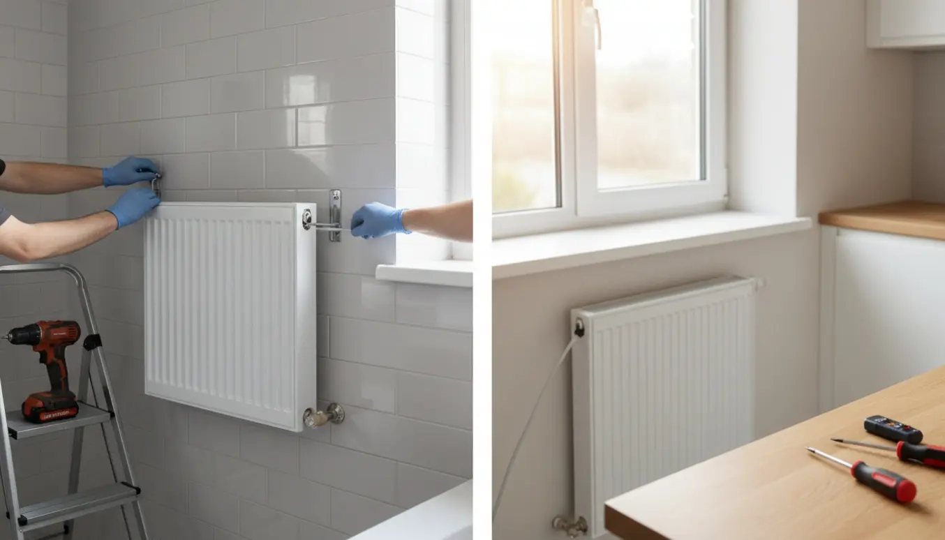 To små el-radiatorer monteres i et flisebadeværelse og et lyst køkken, hænder med værktøj i fokus.