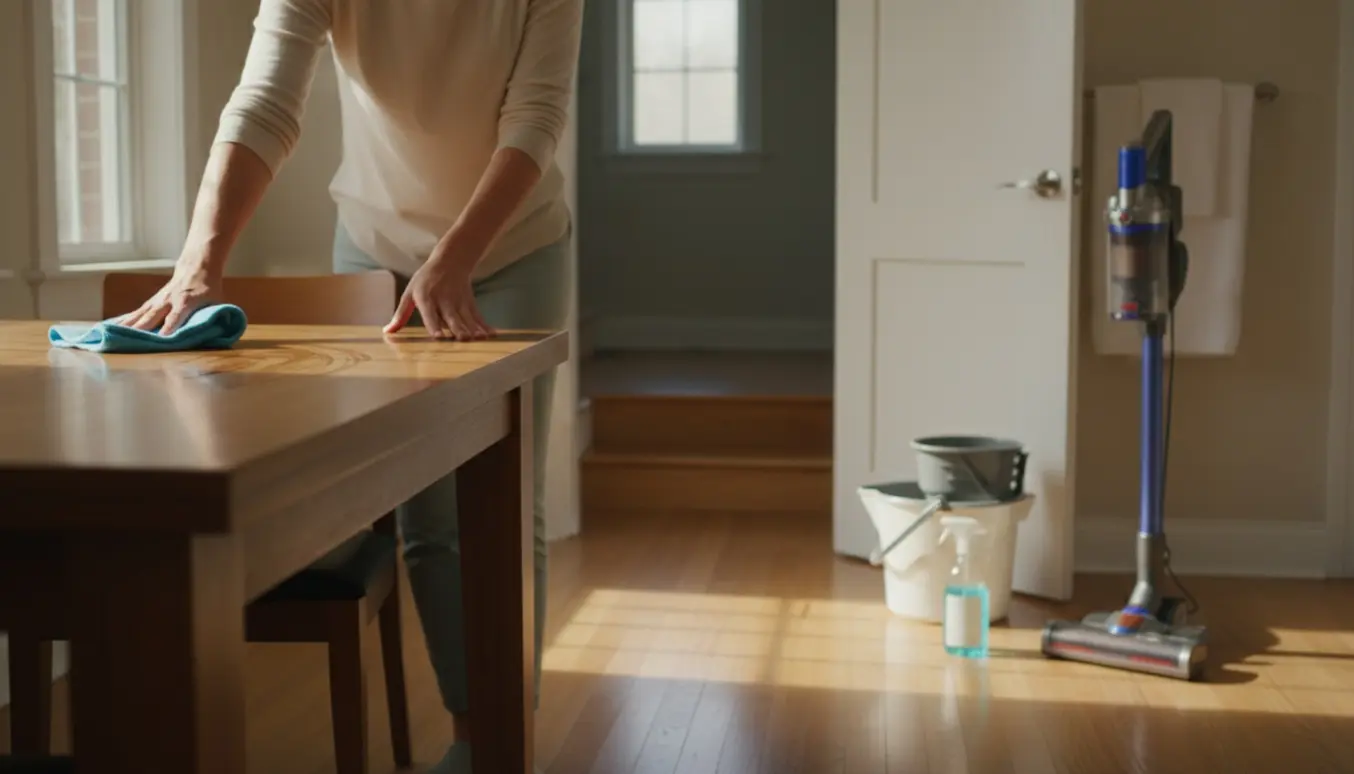 Rengøringshjælper tørrer et spisebord af i et lyst hjem med støvsuger, moppe og trappe til kælder i baggrunden.
