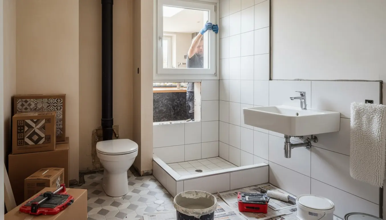 Halvfærdigt badeværelse under renovering med nyt toilet, fliser, værktøj og et lille vindue mod køkkenet.