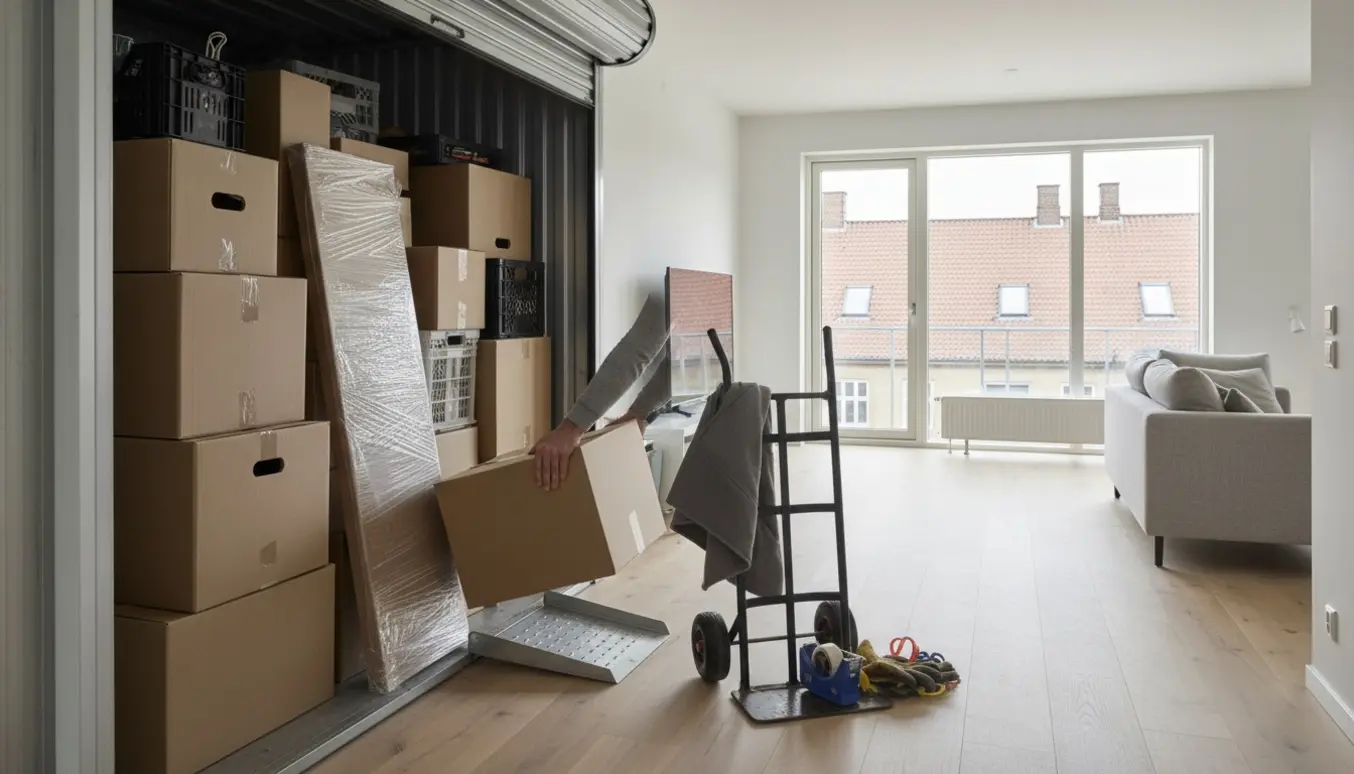 Flytning fra et lille depotrum til en lys lejlighed med flyttekasser, bordplade og flytteudstyr, kun hænderne ses.