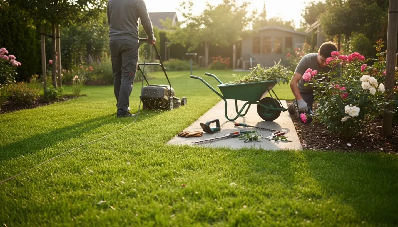 Havearbejde med elektrisk plæneklipper, beskæring af buske og lugning af bede med værktøj i baggrunden.