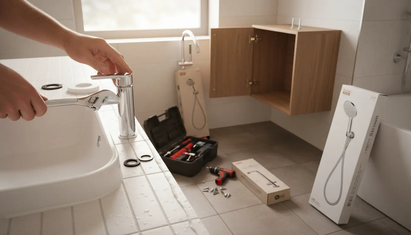 Nærbillede af hænder, der monterer en krom håndvaskarmatur i et lyst badeværelse med værktøj, en køkkenarmatur i baggrunden og et væghængt opbevaringsskab.