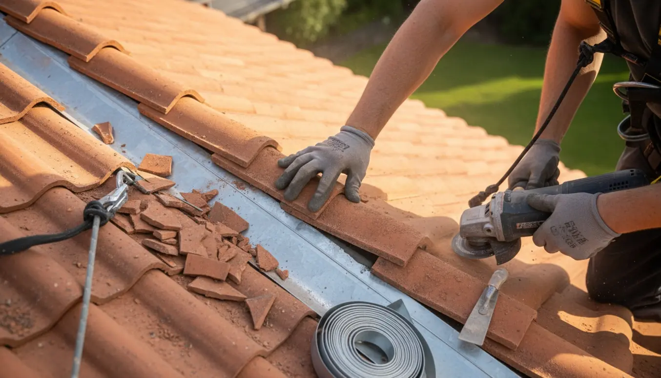Hænder i handsker skærer tegl og tætner mellemrummet til skotrenden på et parcelhustag.