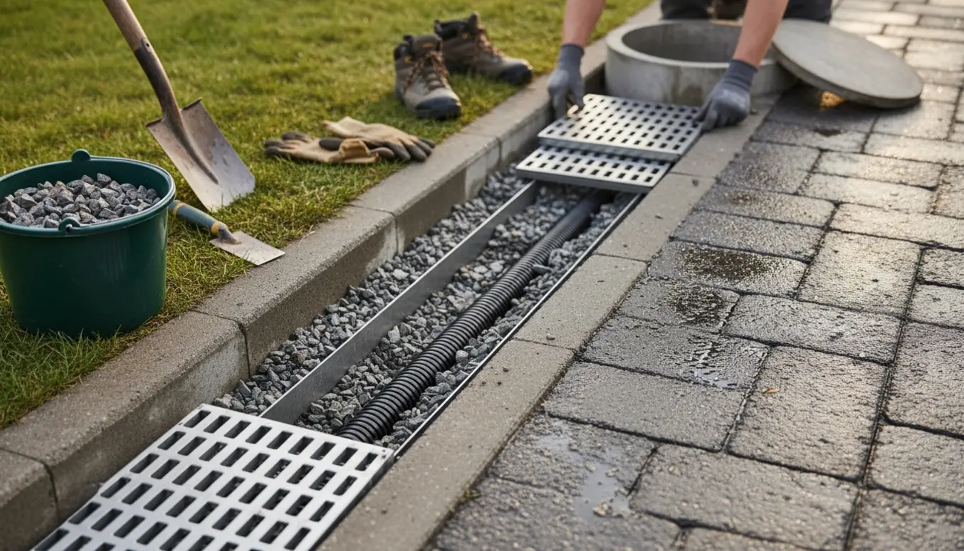 Linjedræn langs en våd indkørsel med grusfyldt rende, der leder vand mod en åben brønd.