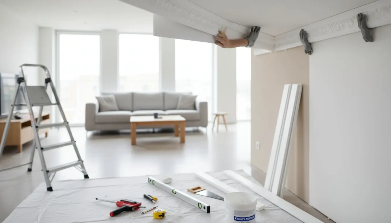 Installering af flamingo-stuk i en lys lejlighed med håndværkerhænder, stige og værktøj.