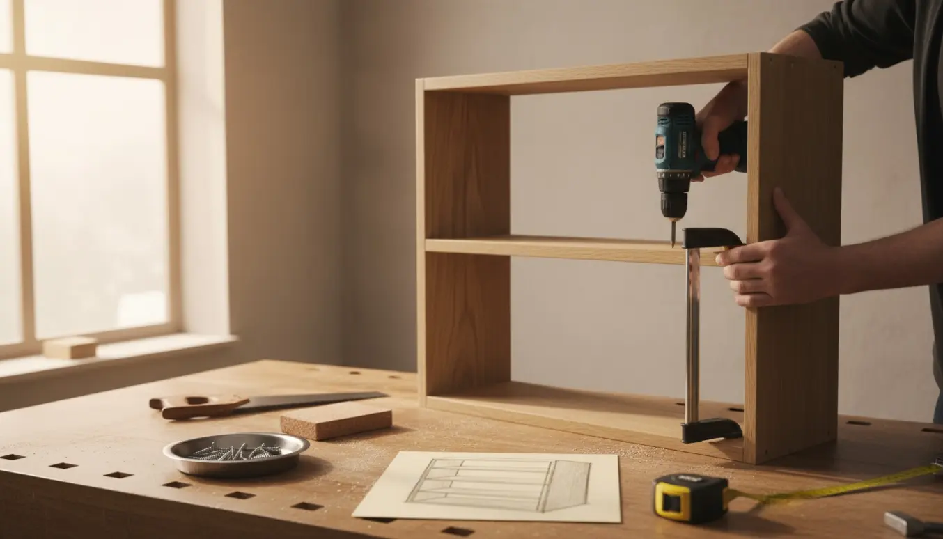 Ulakeret, delvist samlet reol på værkstedsbord med hænder og værktøj i naturligt lys.