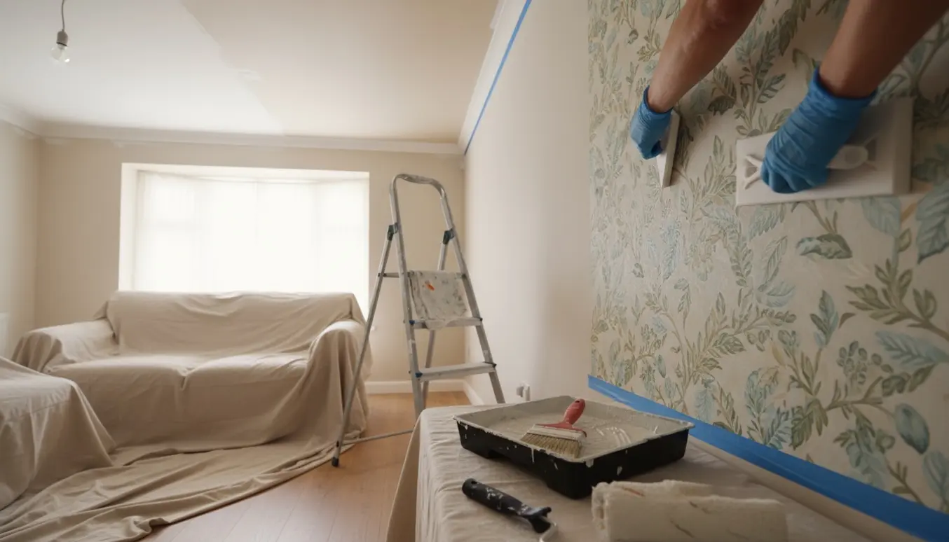 Værelse under renovering med tapetopsætning og maling af loftet, værktøj og afdækning synlig.