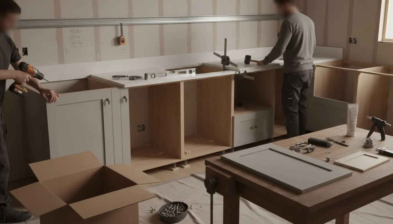 Køkken under montering med skabe og bordplade, håndværker justerer beslag og kant.