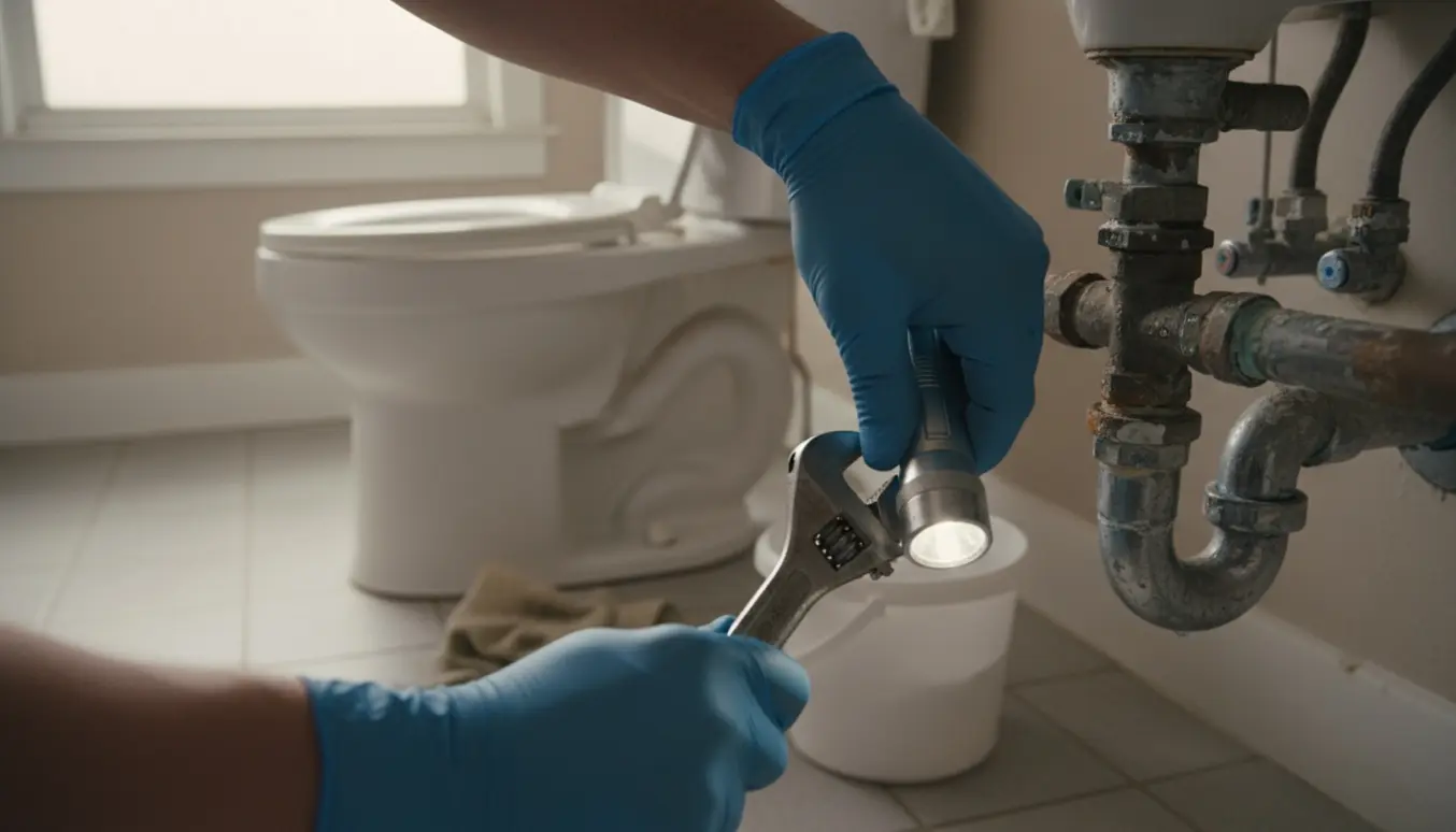 Handskerede hænder reparerer rustne vandrør under en håndvask, med en toilettank uden vand i baggrunden.