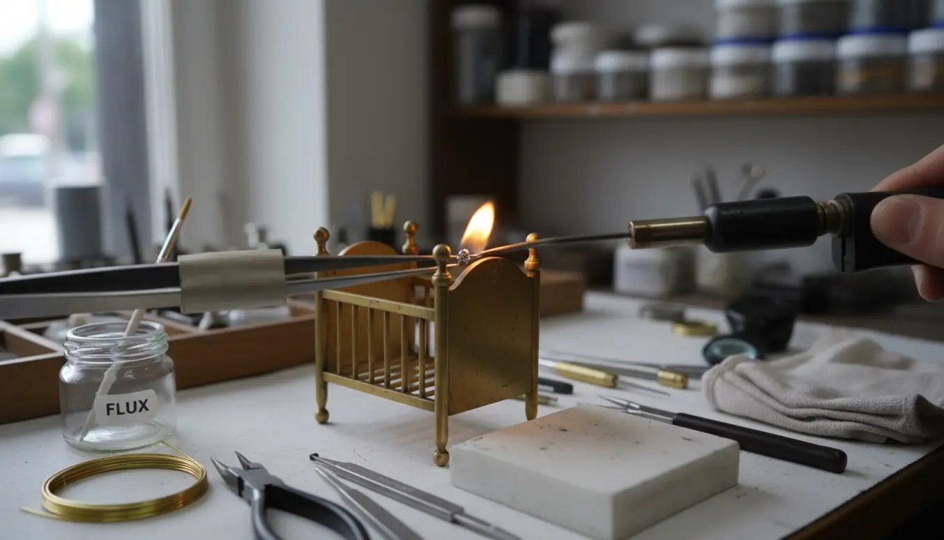 Nærbillede af en messinglysestage formet som en krybbe, hvor den løse ende loddes på et værksted.