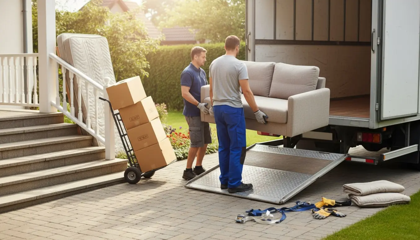 To hjælpere bærer sofa og flyttekasser ud til en flyttebil med sænkelig lift ved husets indgang.