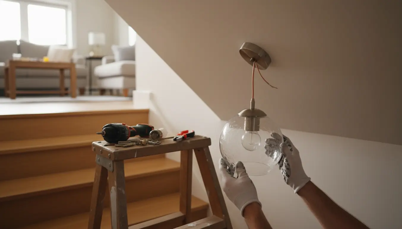 Person på stige ved trappe monterer en glaspendel i skråloftet.