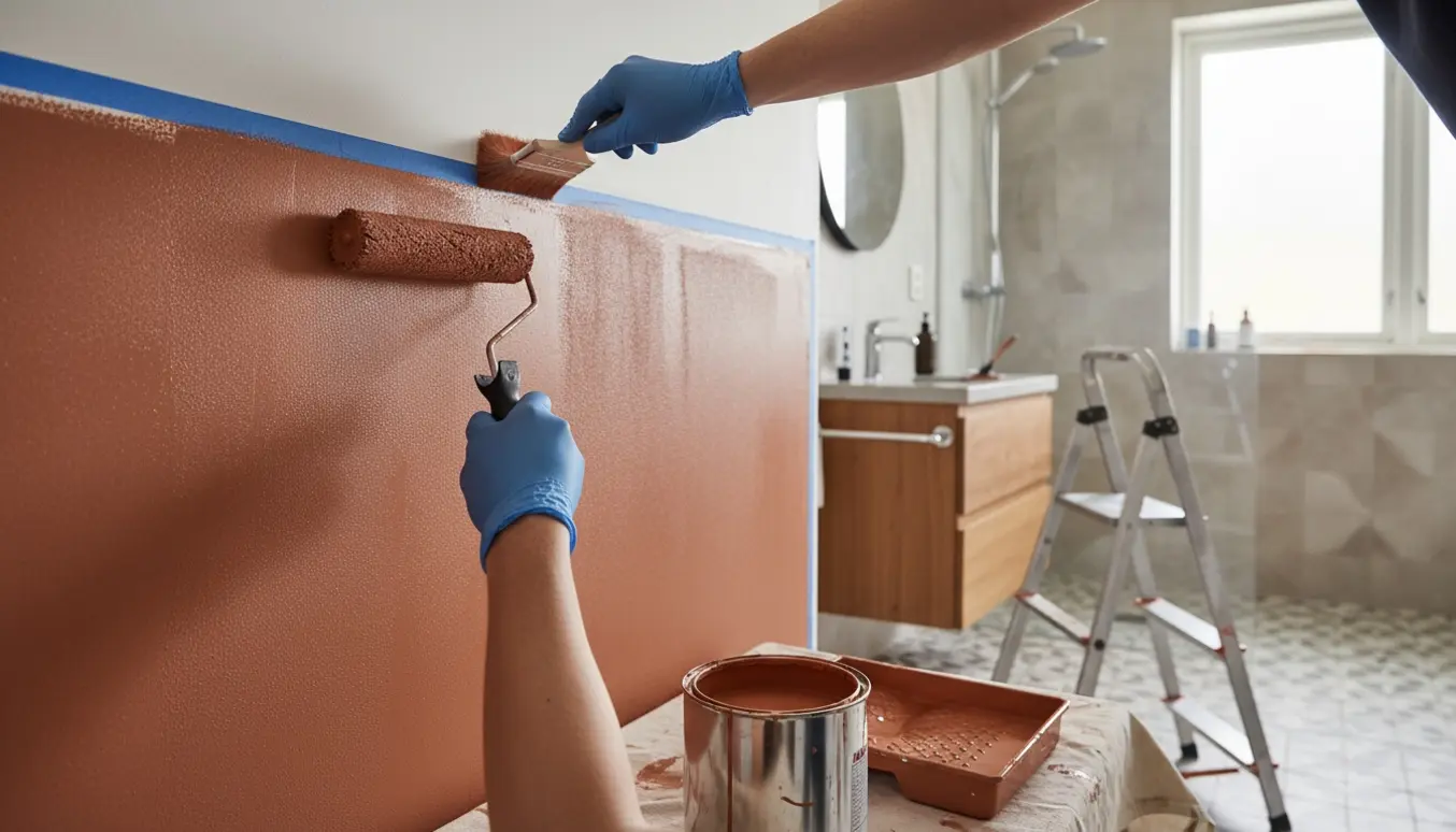 Hånd ruller varm Marrakesh-terrakotta på badeværelsesvæg med en skarp hvid kant langs loftet.