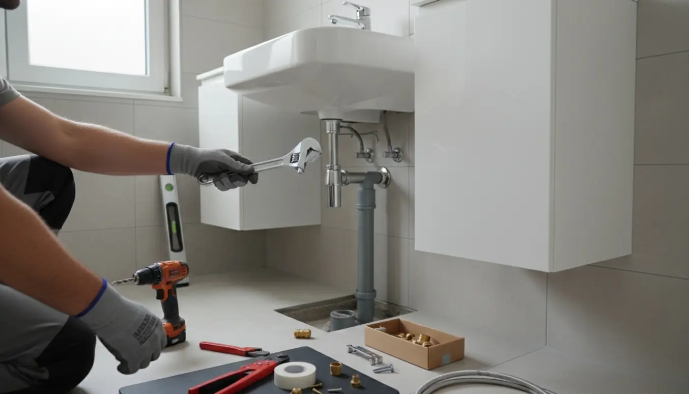 Montering af højskab, underskab og vask mod flisevæg med synlig rørføring til gulv og montørens hænder.