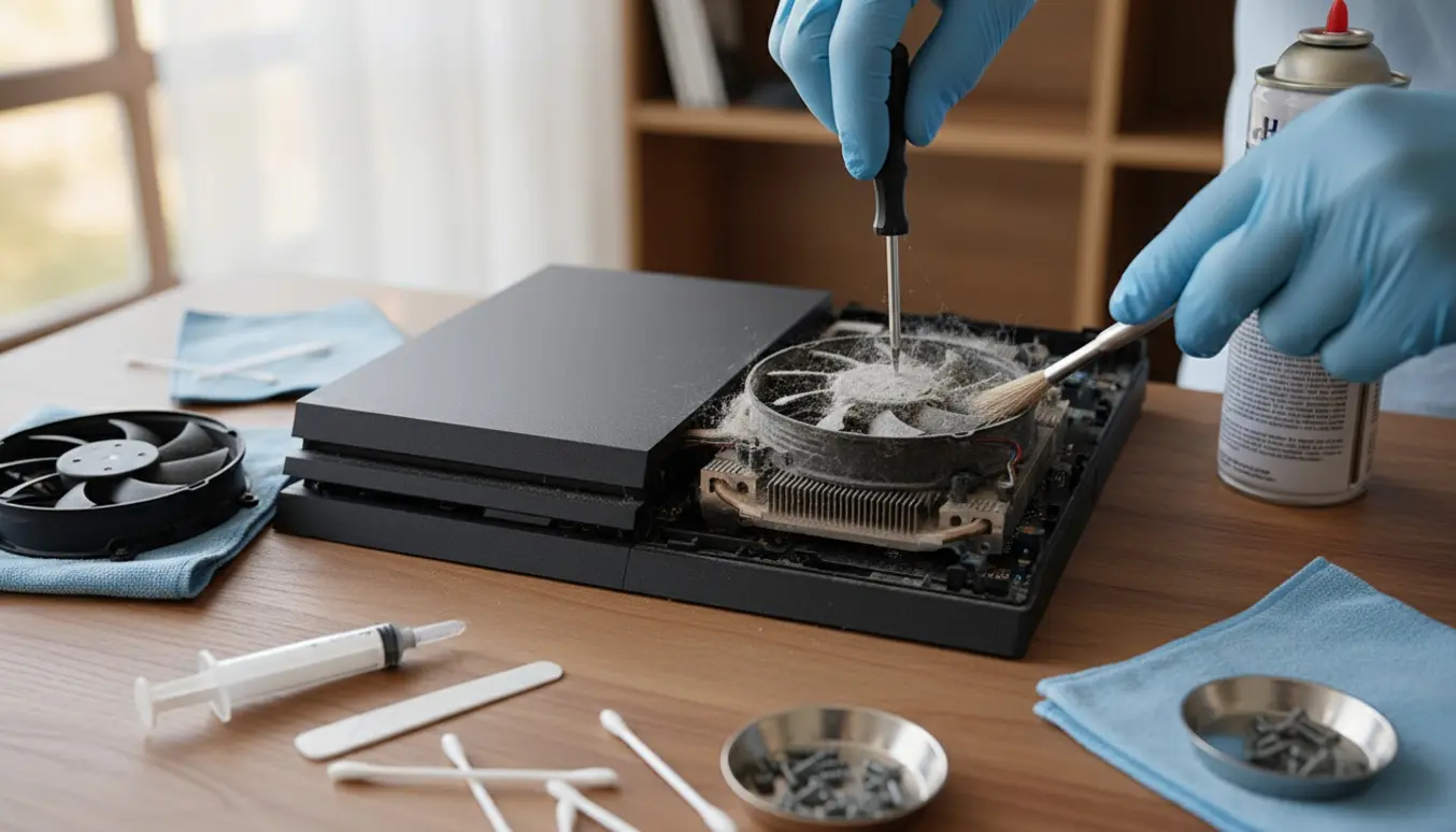 Åben sort spilkonsol på et arbejdsbord, hvor hænder i handsker renser en snavset blæser og forbereder påføring af ny kølepasta.