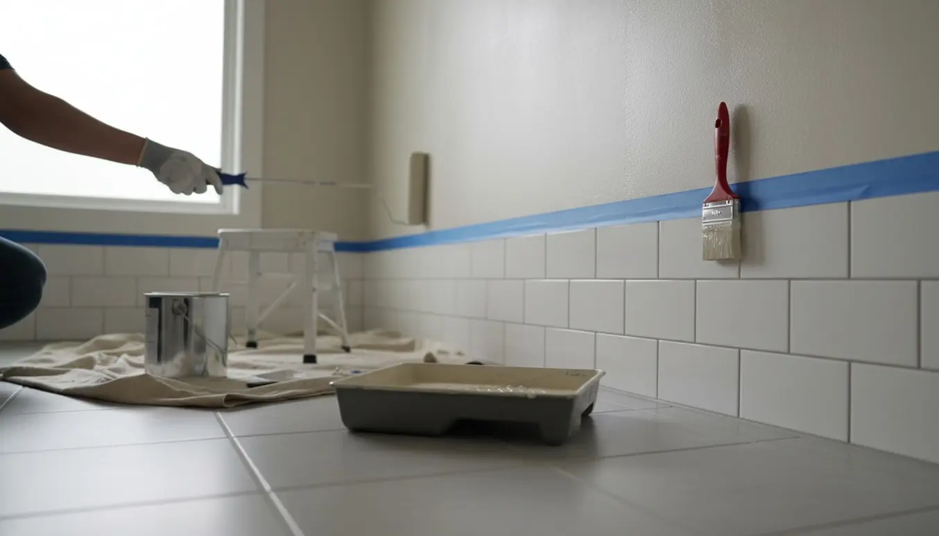 Nærbillede af en rulle og malerudstyr, der påfører nymalet væg over fliser i et lille badeværelse.