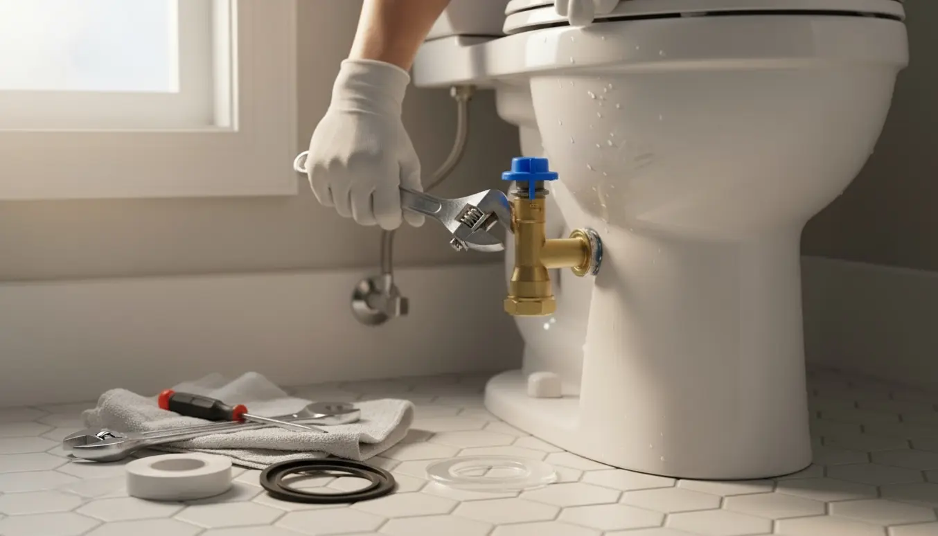 Nærbillede af hænder, der reparerer et toilet med åben cisternedel, nye pakninger og værktøj klar på fliserne.