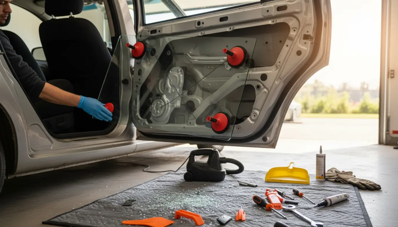 Åben venstre bagdør på en ældre kompakt bil med en ny bagrude delvist monteret og værktøj på et beskyttende tæppe.