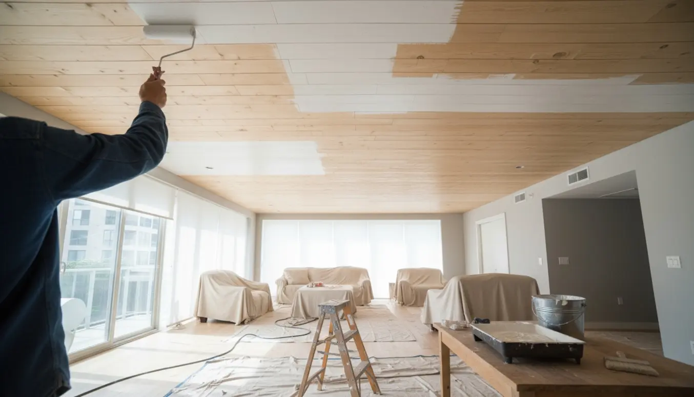 Rummelig lejlighed med ludbehandlet træloft, delvist malet hvidt, med malergrej og beskyttelsesduge.