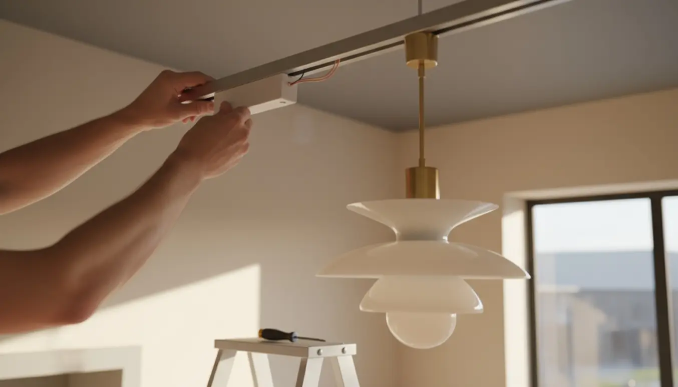 Hænder monterer en adapter til en PH-pendel på en elektrisk skinne under loftet.