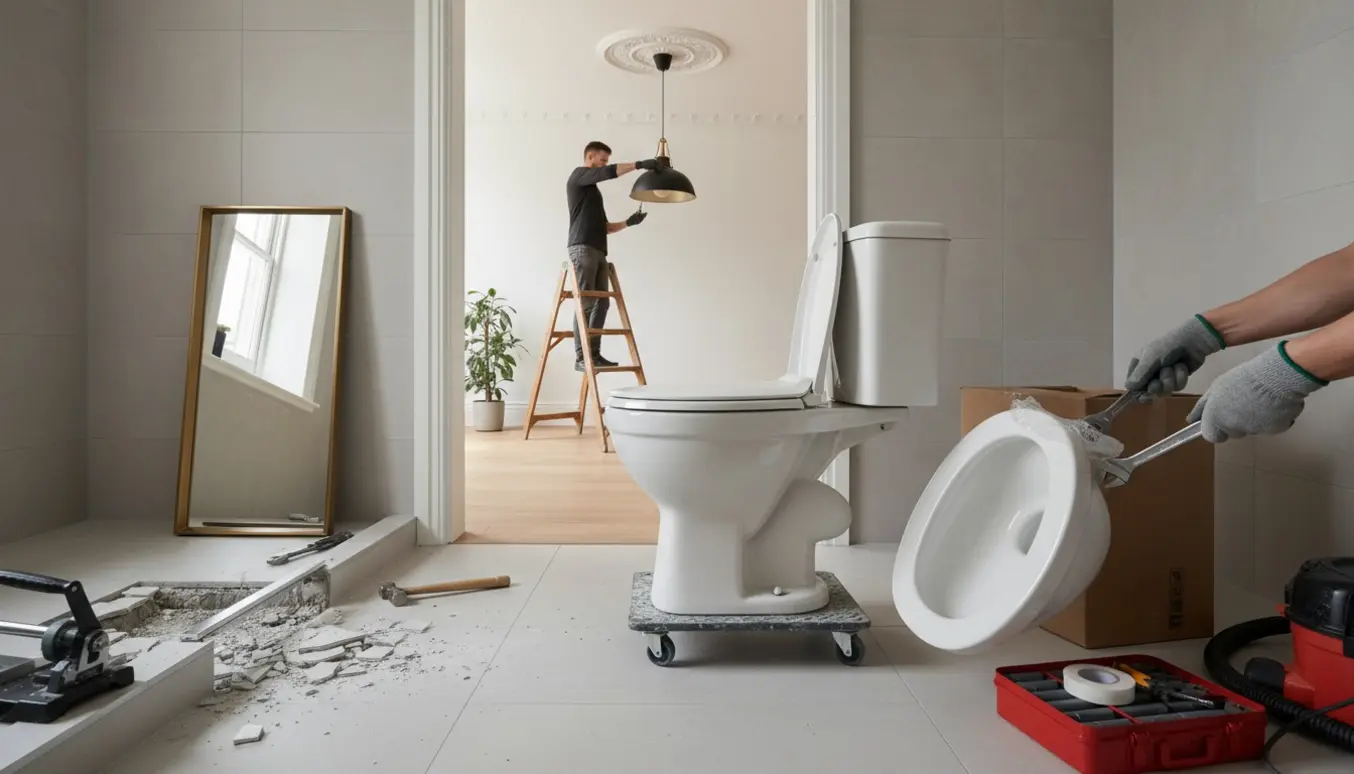 Renoveringsscene med udskiftning af gulvtoilet, fjernet flisekant ved brusebad og ophængning af loftlampe i baggrunden.