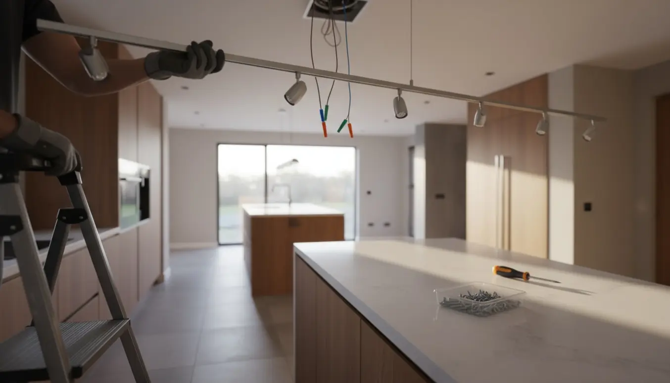 Hænder på en stige monterer en slank skinne med spots i et køkken, mens de gamle lamper er taget ned.