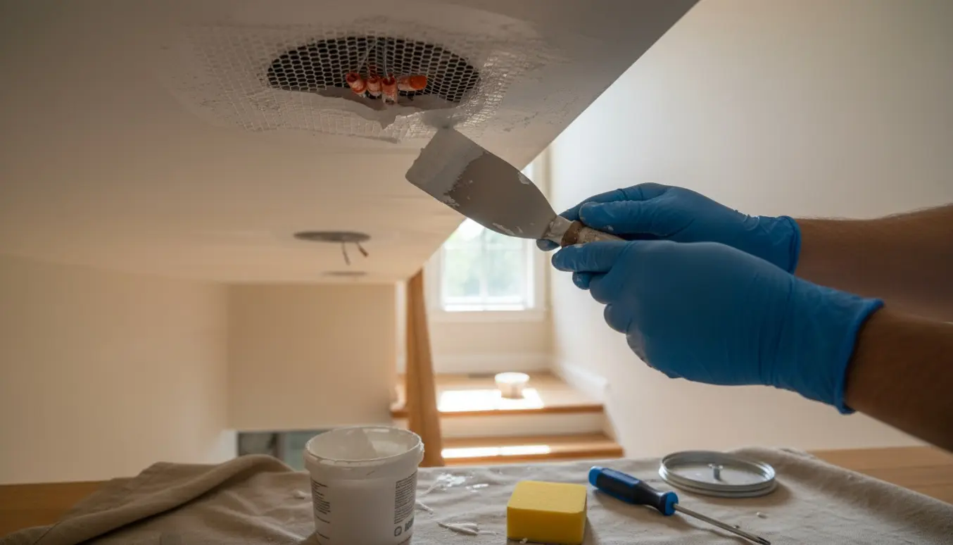 Hænder fylder huller i loftet over en trætrappe efter fjernelse af indbyggede spots.