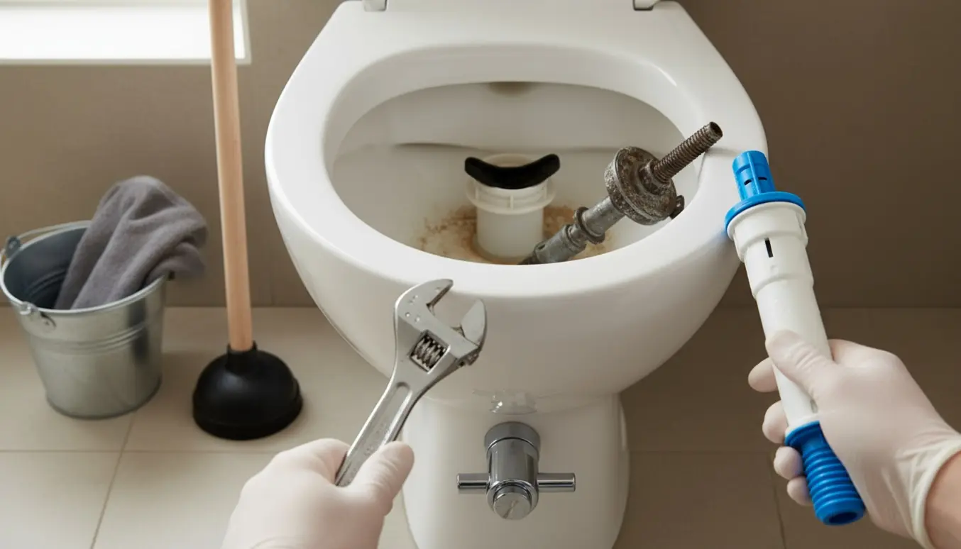 Åben toilettank uden vand, handsker og værktøj ved fyldventilen og lukket vandhane.