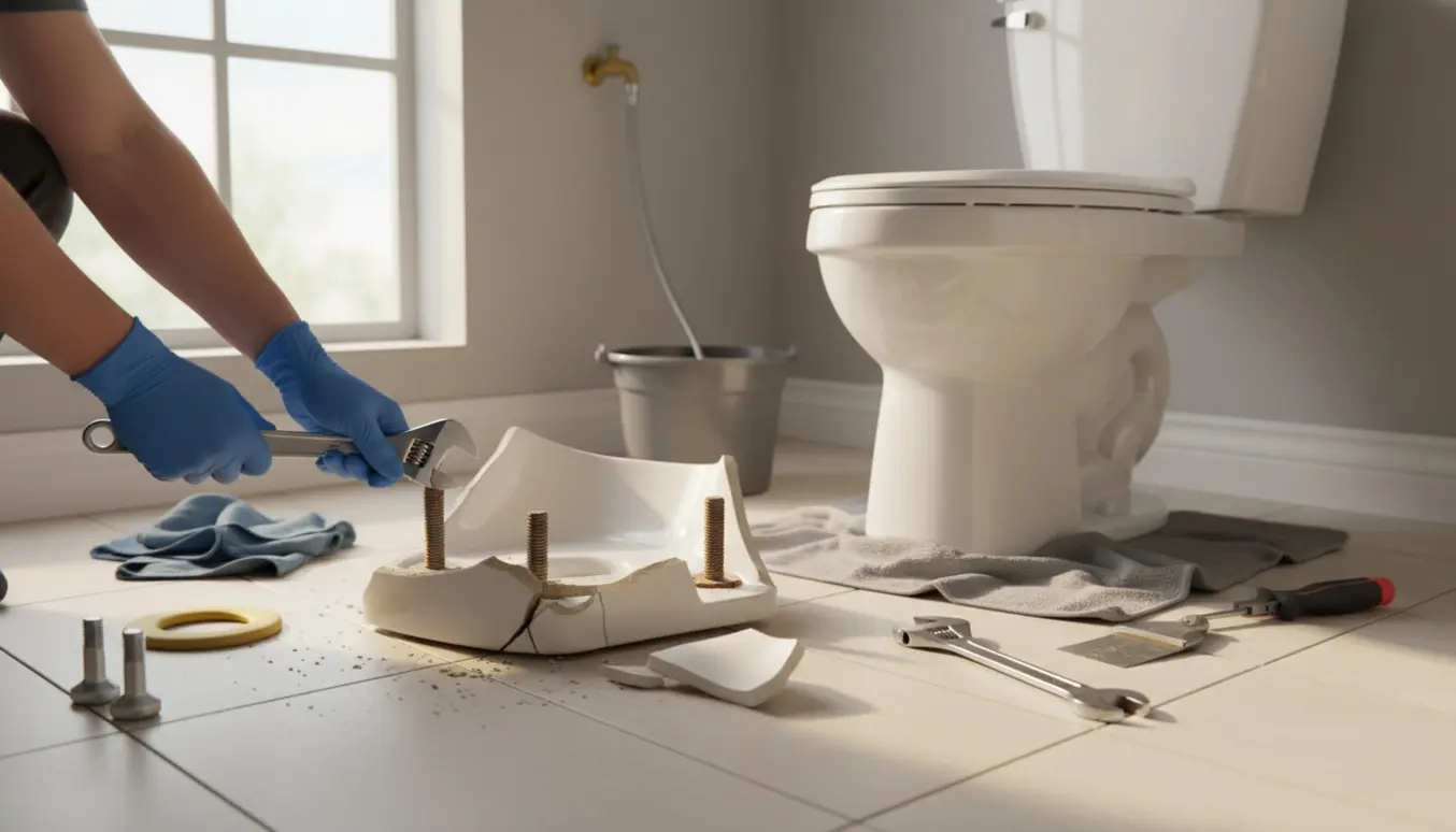 Udsnit af udskiftning af toilet med håndværkerhænder, flækket toiletkumme og nyt toilet klar til montering.